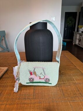 Handcrafted in India Pink Golf Cart Hole in One Mint Green Beaded Shoulder Bag